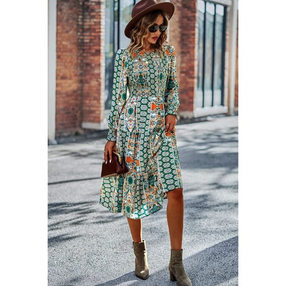 Patchwork Smocked Puff Sleeve Tiered Midi Dress - Picture 9 of 15